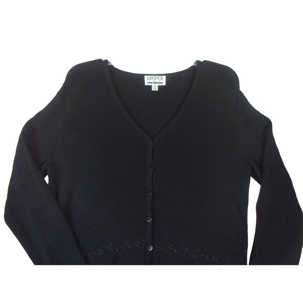 Kasper Button Front Jacket Blazer Womens Size M Black Knitted Business Career